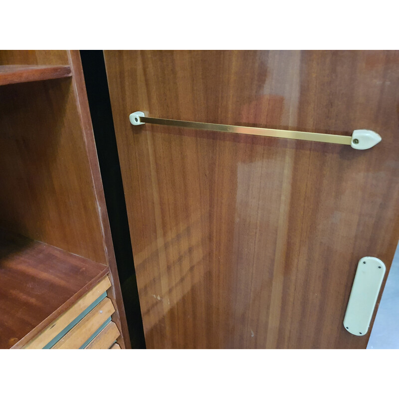 Armoire vintage en bois, verre et laiton, 1950