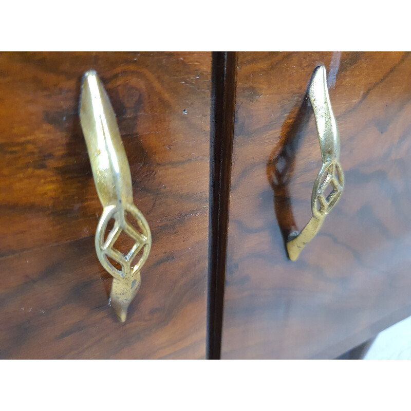 Vintage Art Deco briar and brass night stand with mirror, 1940s