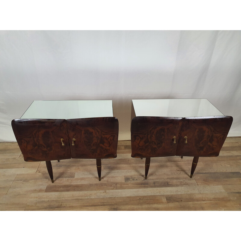 Pair of vintage night stands in wood and brass with mirror, Italy