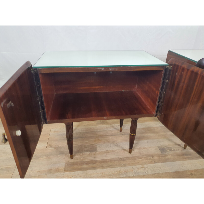 Coppia di comodini vintage in legno e ottone con specchio, Italia