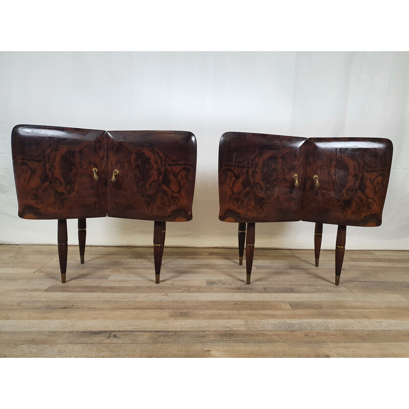 Pair of vintage night stands in wood and brass with mirror, Italy