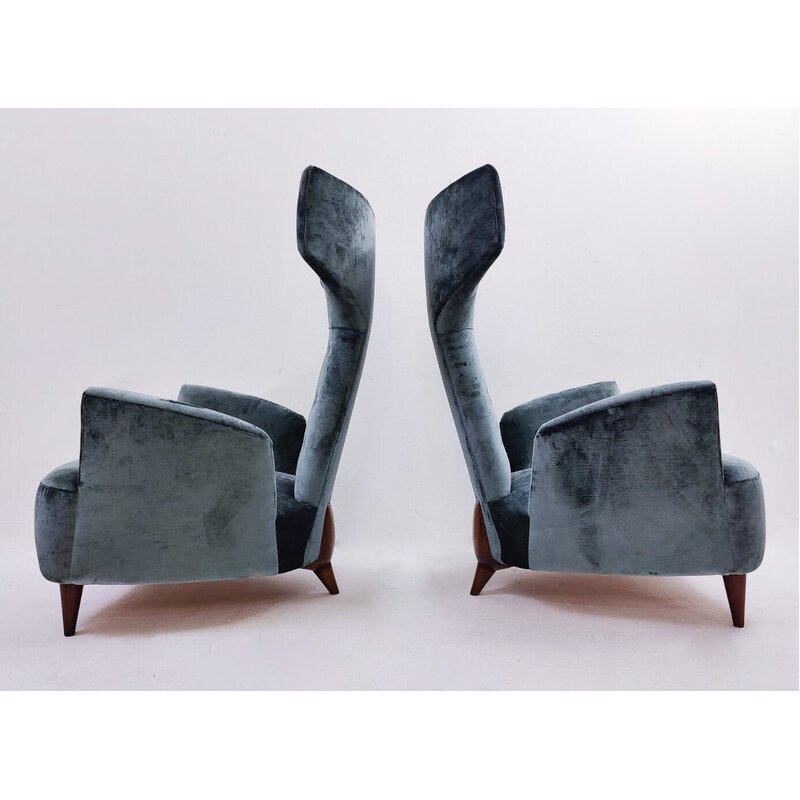 Pair of vintage armchairs in wood and velvet by Renzo Zavanella Reissue, Italy