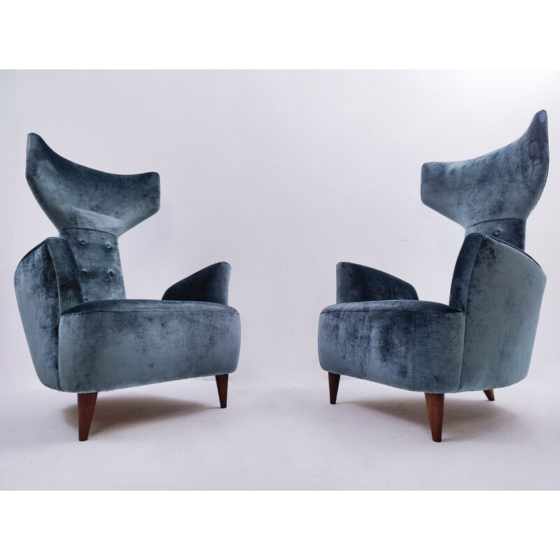 Pair of vintage armchairs in wood and velvet by Renzo Zavanella Reissue, Italy