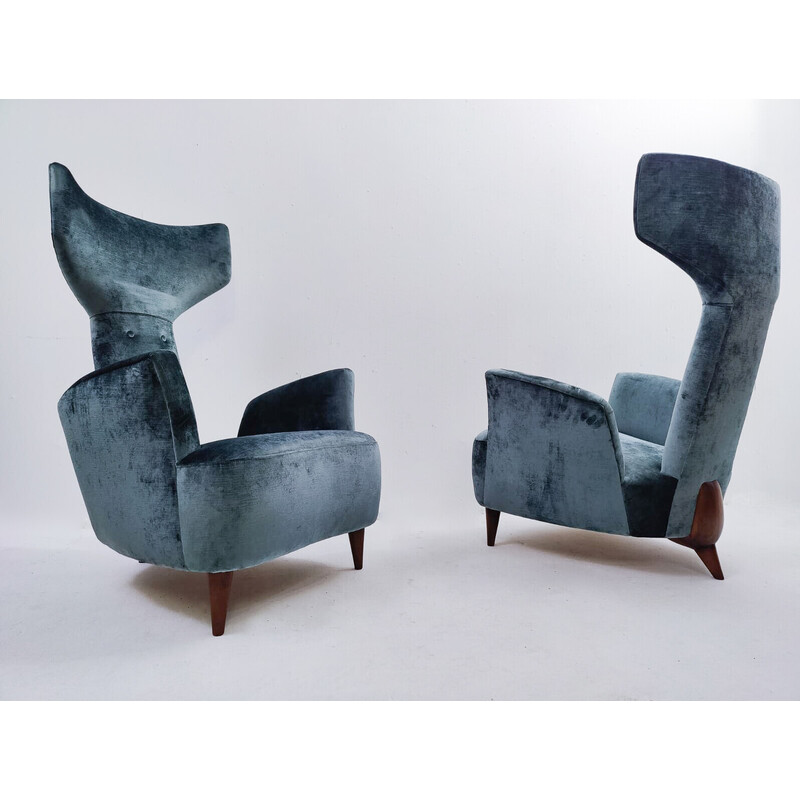 Pair of vintage armchairs in wood and velvet by Renzo Zavanella Reissue, Italy