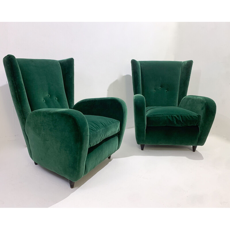 Paar midden-eeuwse groen fluwelen fauteuils van Paolo Buffa, Italië 1950