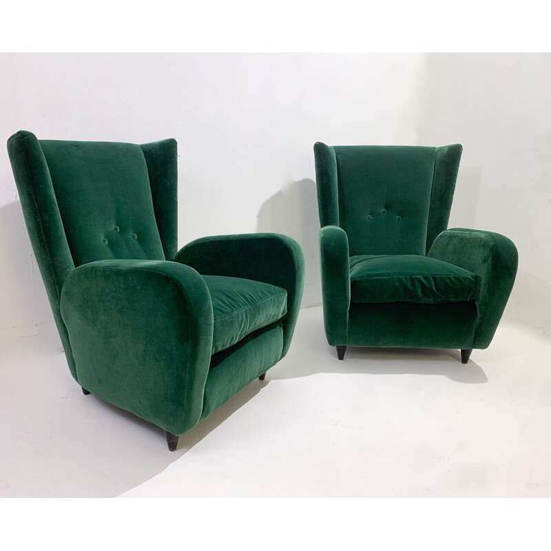 Pareja de sillones de terciopelo verde de mediados de siglo, Paolo Buffa, Italia Años 50