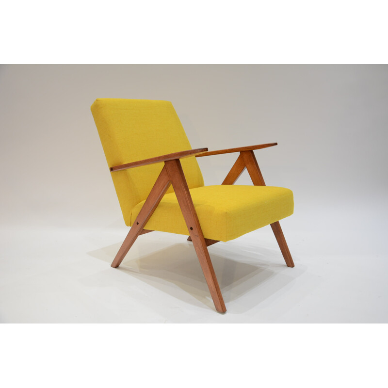 Yellow armchair with compass feet in teak - 1970s