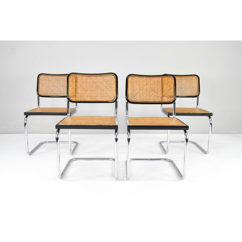 Set of 4 vintage Cesca chairs in beech and chrome by Marcel Breuer, Italy 1970s