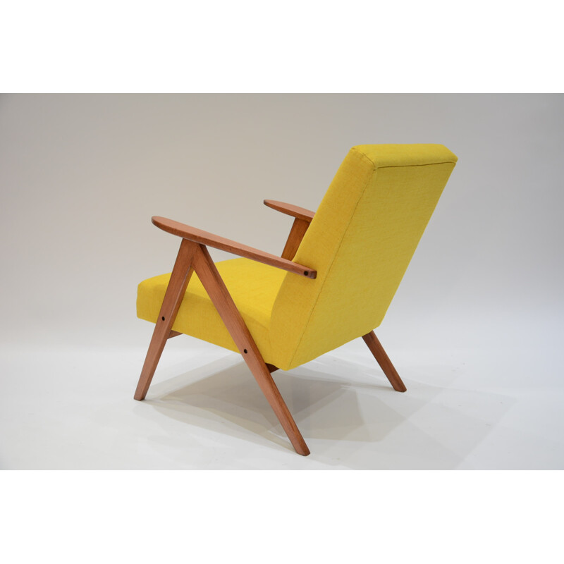 Yellow armchair with compass feet in teak - 1970s