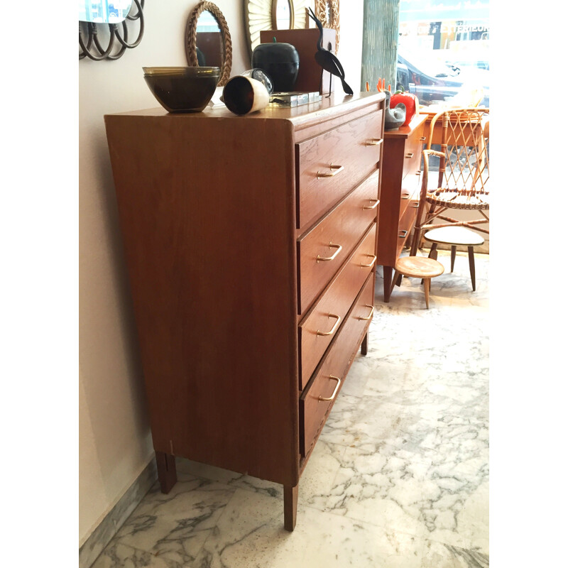 Commode chiffonnier en bois pieds compas avec 4 tiroirs - 1950