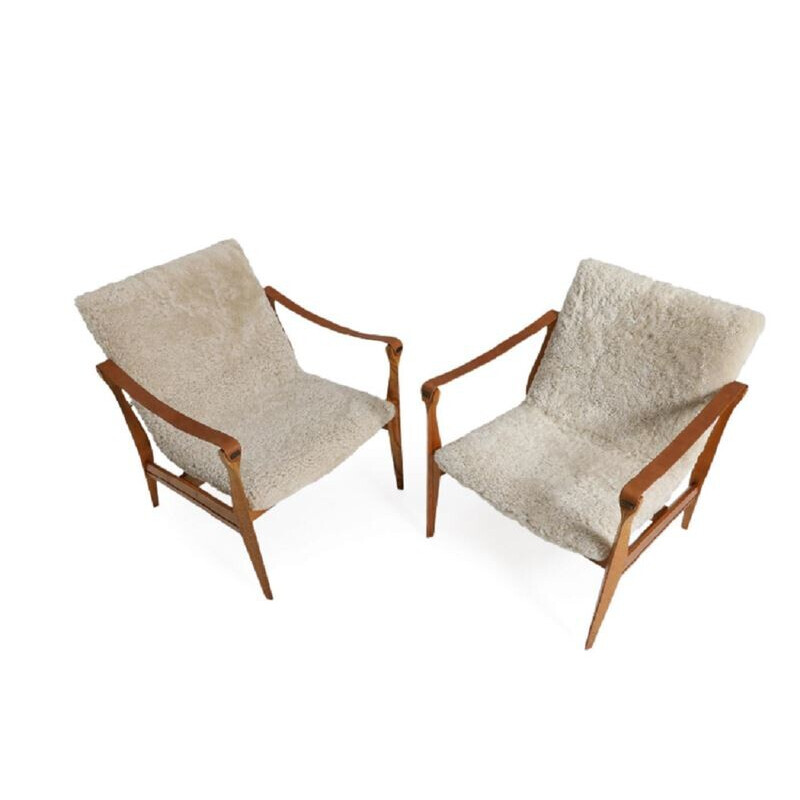 Pair of vintage ashwood, leather and lambswool armchairs by Karen and Ebbe Clemmensen for Fritz Hansen, 1960s