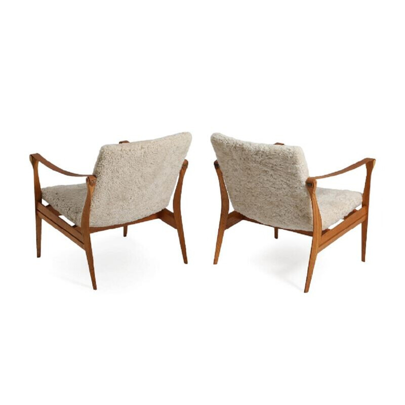 Pair of vintage ashwood, leather and lambswool armchairs by Karen and Ebbe Clemmensen for Fritz Hansen, 1960s