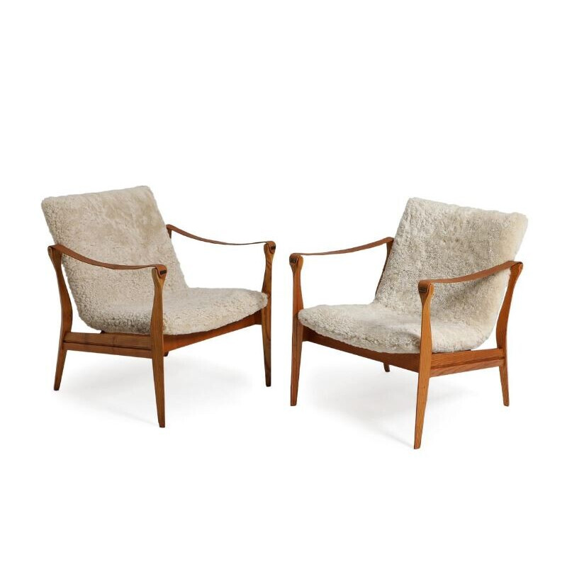 Pair of vintage ashwood, leather and lambswool armchairs by Karen and Ebbe Clemmensen for Fritz Hansen, 1960s