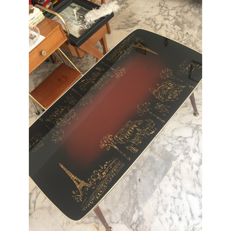 Coffee table with compass feet in wood and Formica- 1960s