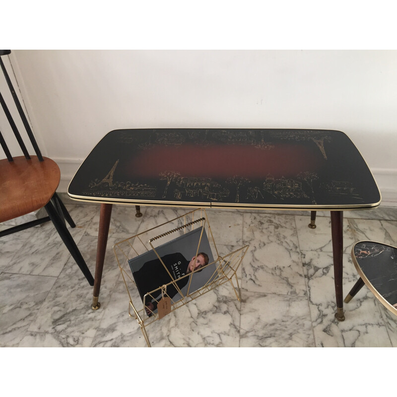 Table basse piètement compas en bois et formica - 1960