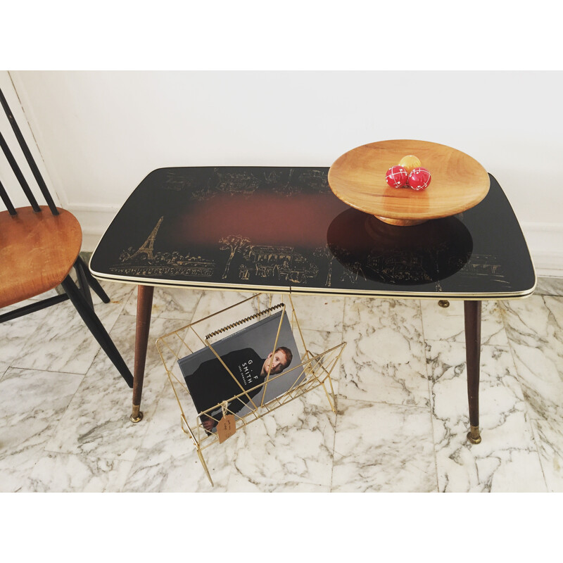 Coffee table with compass feet in wood and Formica- 1960s