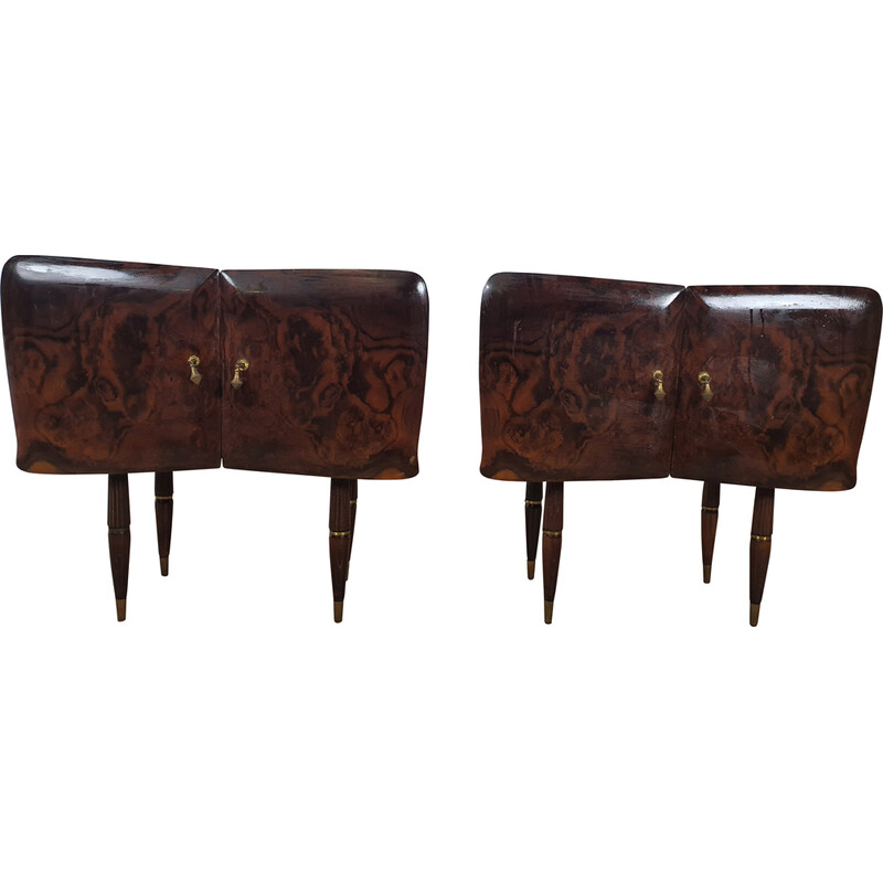Pair of vintage night stands in wood and brass with mirror, Italy