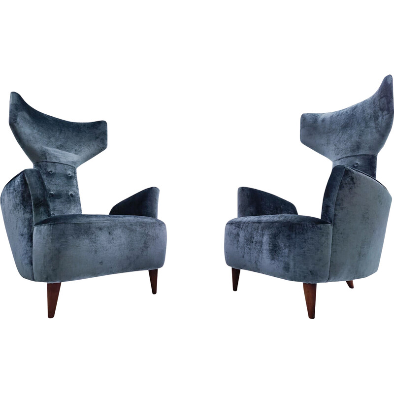 Pair of vintage armchairs in wood and velvet by Renzo Zavanella Reissue, Italy