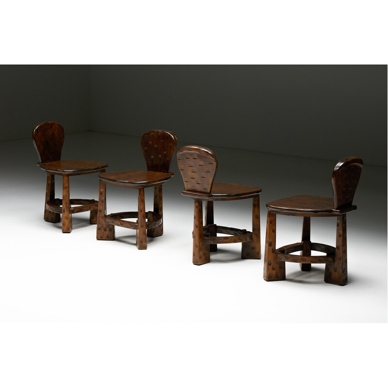 Set of 4 vintage artisan organic chairs, France 1950s