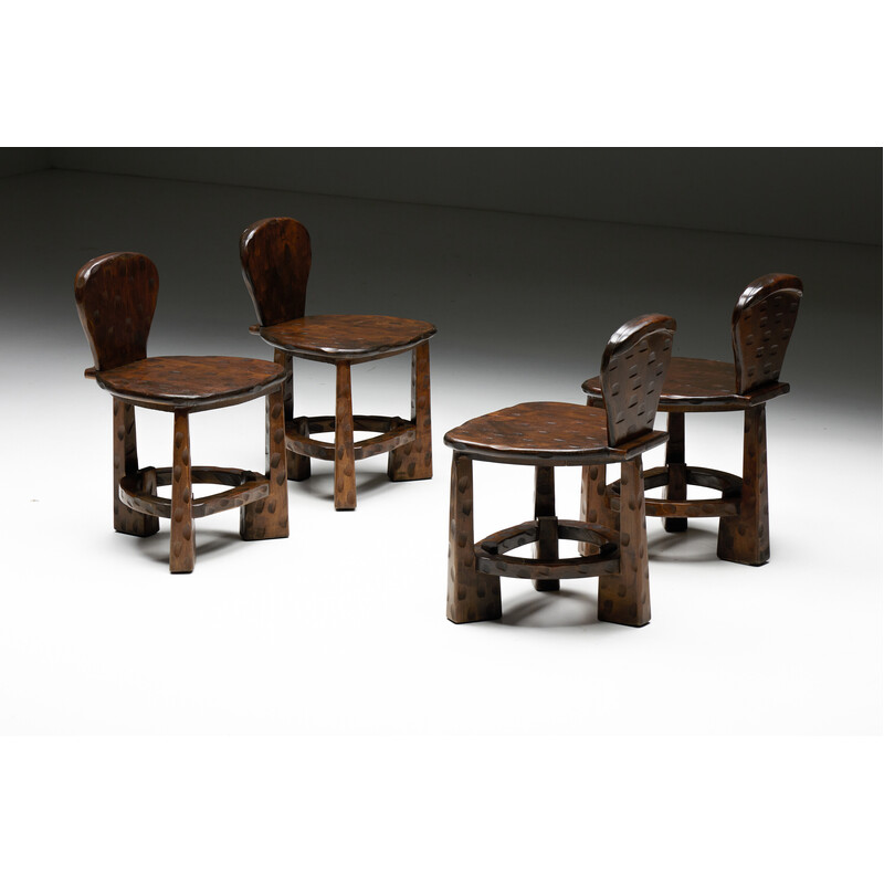 Conjunto de 4 cadeiras de artesanato orgânico vintage, França 1950