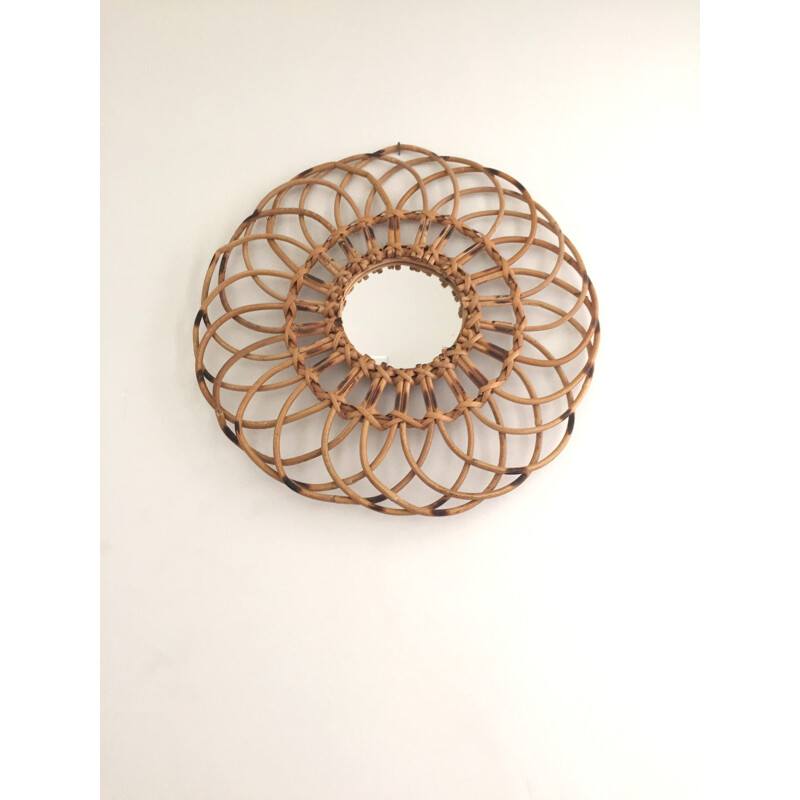 Flower-shaped mirror in rattan - 1960s