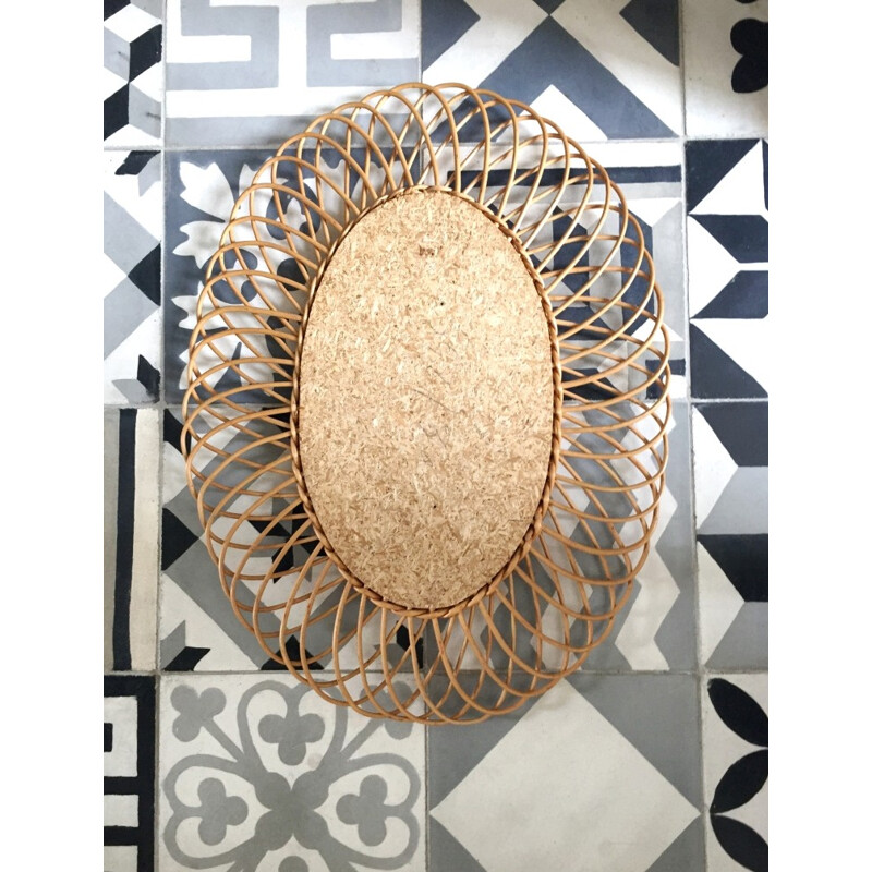 Vintage sun-shaped oval mirror in rattan - 1950s