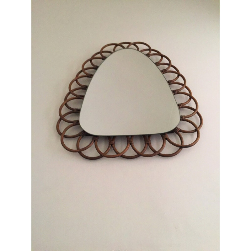 Triangular and sun-shaped vintage mirror in rattan - 1950s