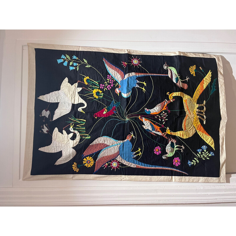 Vintage indra thread wall tapestry with bird decor, 1970s