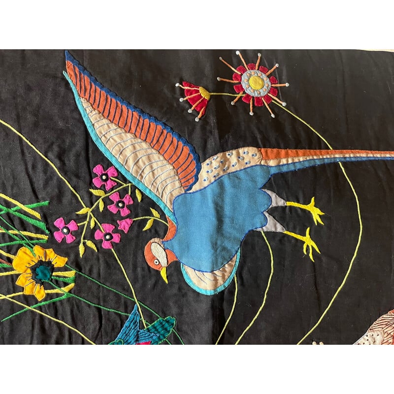 Vintage indra thread wall tapestry with bird decor, 1970s