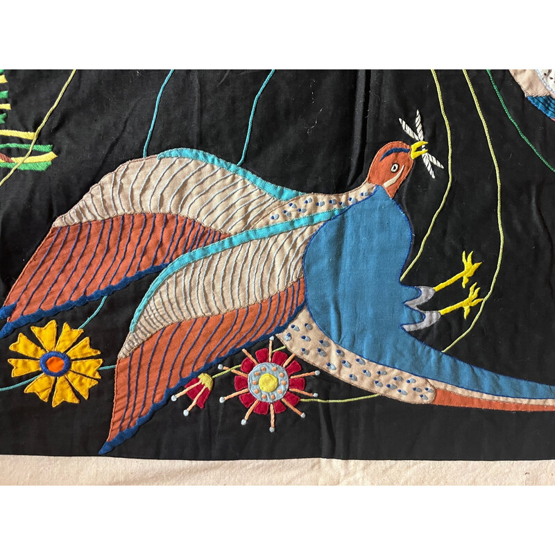 Vintage indra thread wall tapestry with bird decor, 1970s