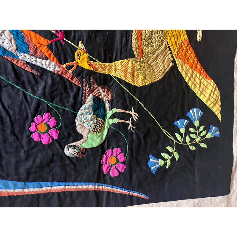 Vintage indra thread wall tapestry with bird decor, 1970s