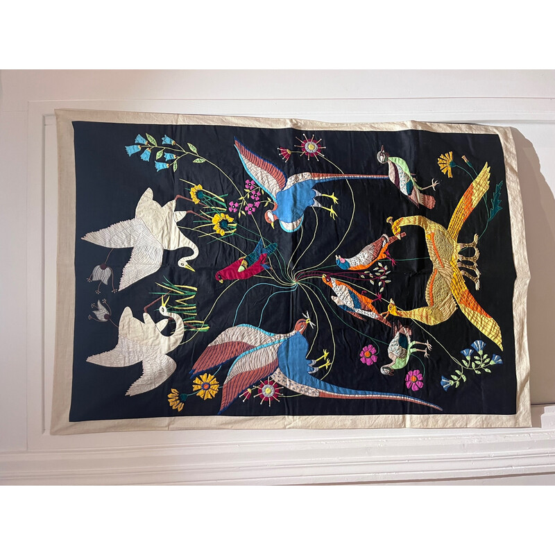 Vintage indra thread wall tapestry with bird decor, 1970s