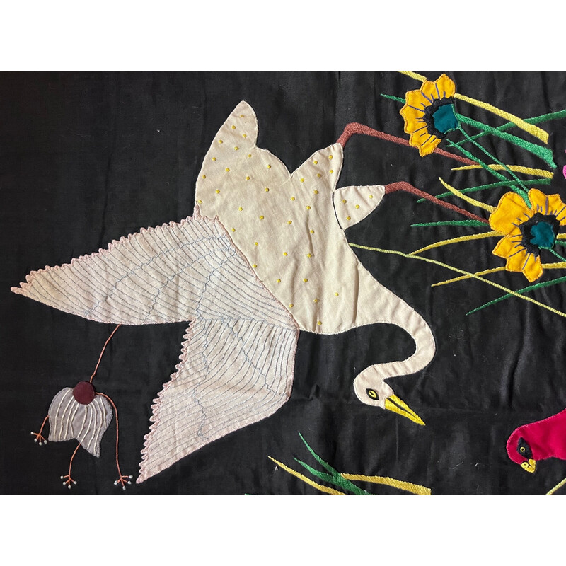 Vintage indra thread wall tapestry with bird decor, 1970s