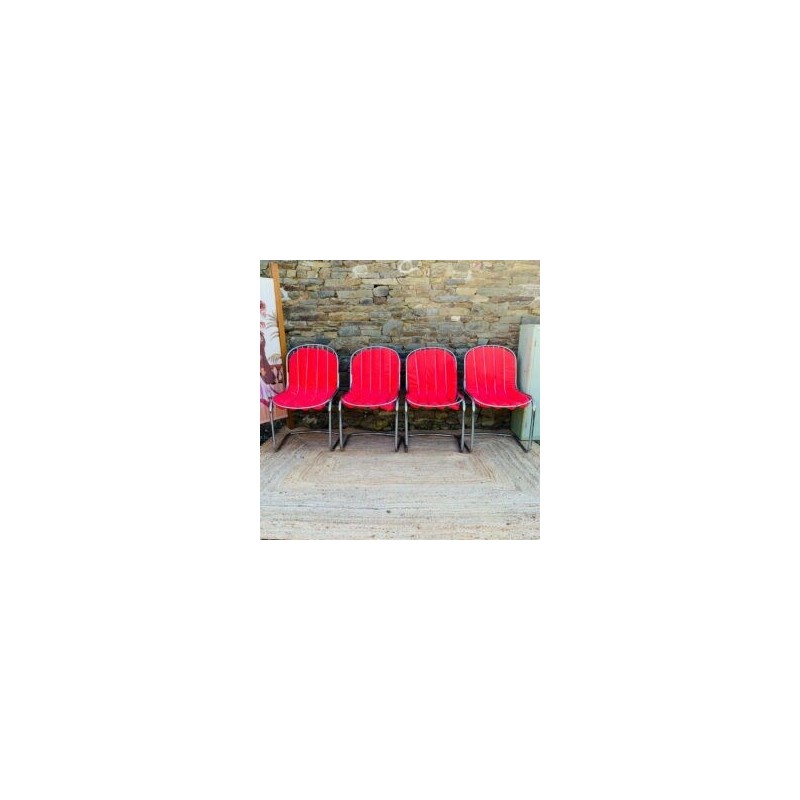 Ensemble de 4 chaises vintage en métal avec coussins, Italie 1970