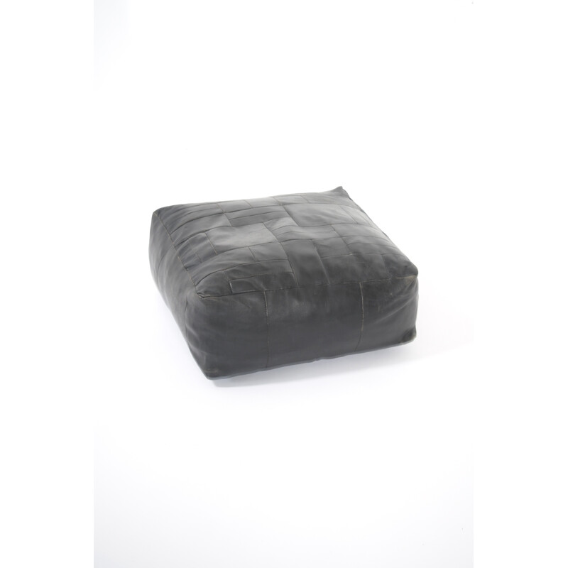 XXL Black thick leather "Poof" Ottoman - 1950s