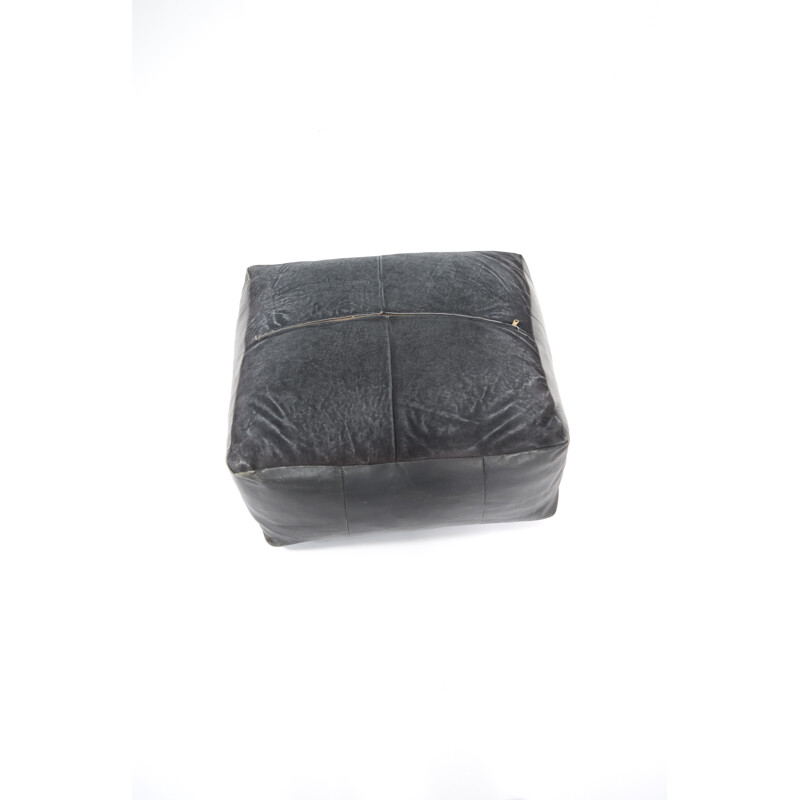 XXL Black thick leather "Poof" Ottoman - 1950s
