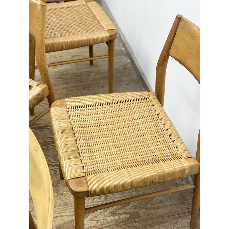 Set of 4 mid-century German dining chairs in teak and rattan mesh by Georg Leowald for Wilkhahn, 1950