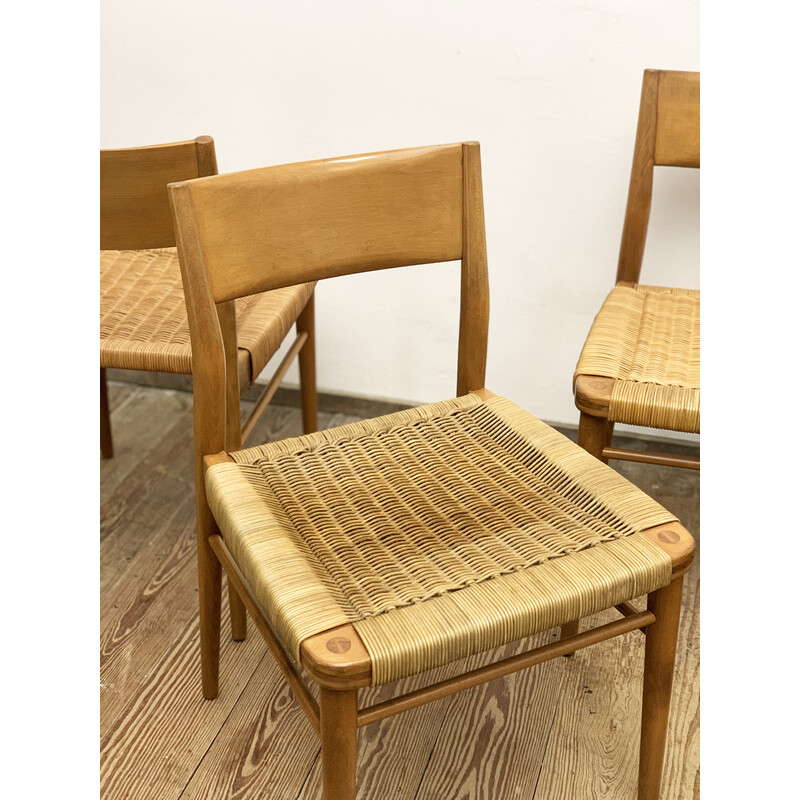 Juego de 4 sillas de comedor alemanas de mediados de siglo en teca y malla de ratán por Georg Leowald para Wilkhahn, 1950