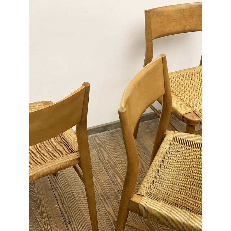 Conjunto de 4 cadeiras de jantar alemãs de meados do século em malha de teca e rotim por Georg Leowald para Wilkhahn, 1950