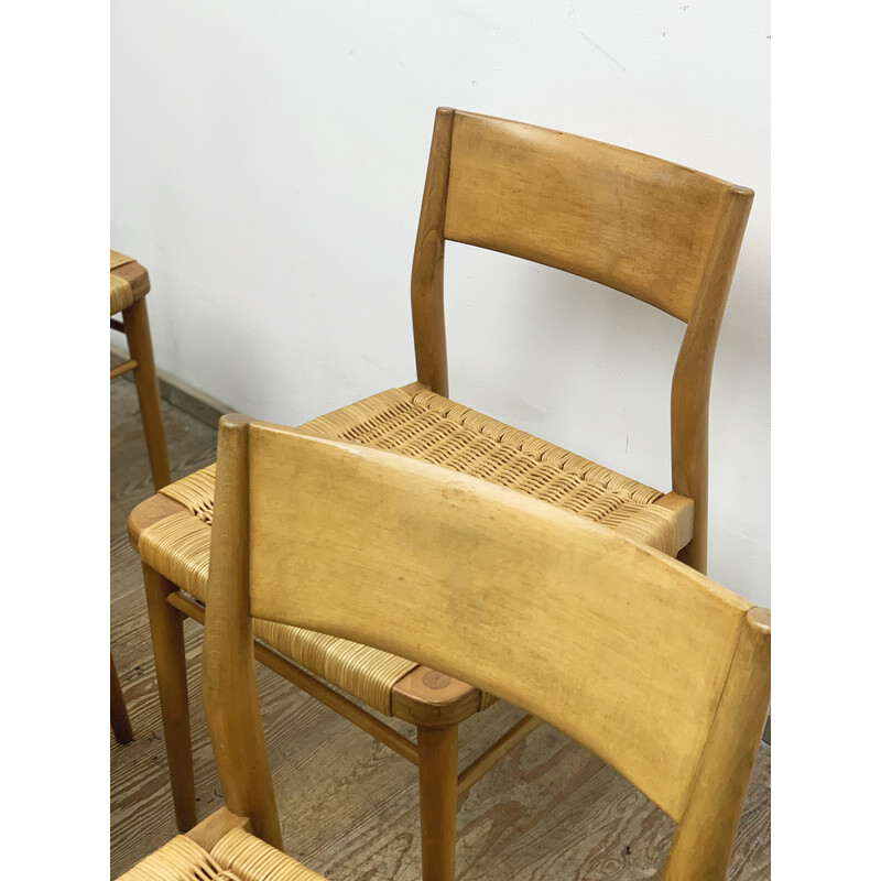 Conjunto de 4 cadeiras de jantar alemãs de meados do século em malha de teca e rotim por Georg Leowald para Wilkhahn, 1950