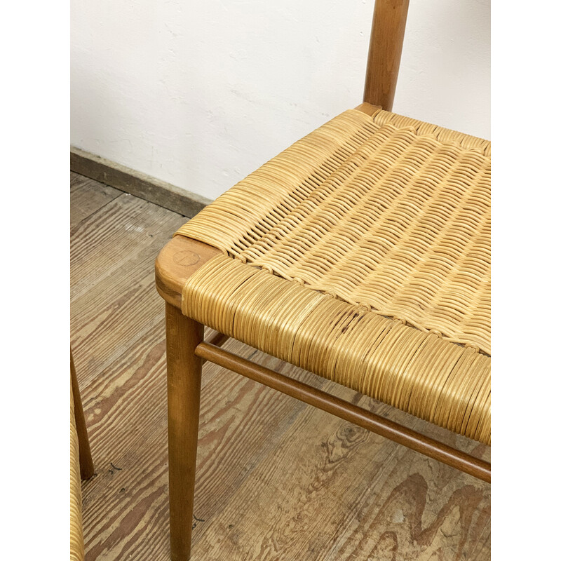 Set of 4 mid-century German dining chairs in teak and rattan mesh by Georg Leowald for Wilkhahn, 1950