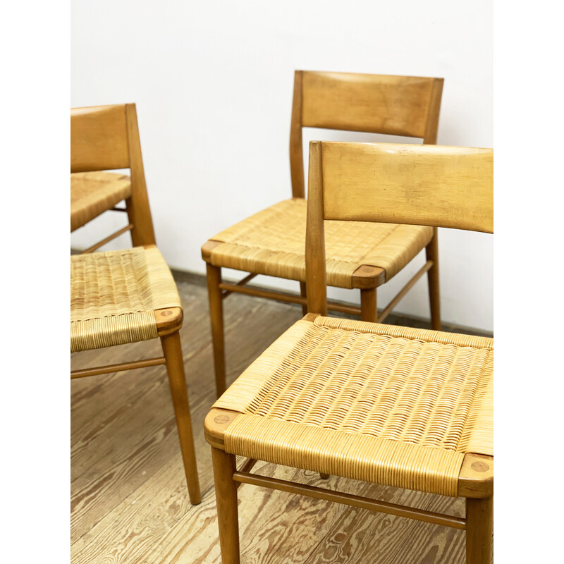 Juego de 4 sillas de comedor alemanas de mediados de siglo en teca y malla de ratán por Georg Leowald para Wilkhahn, 1950