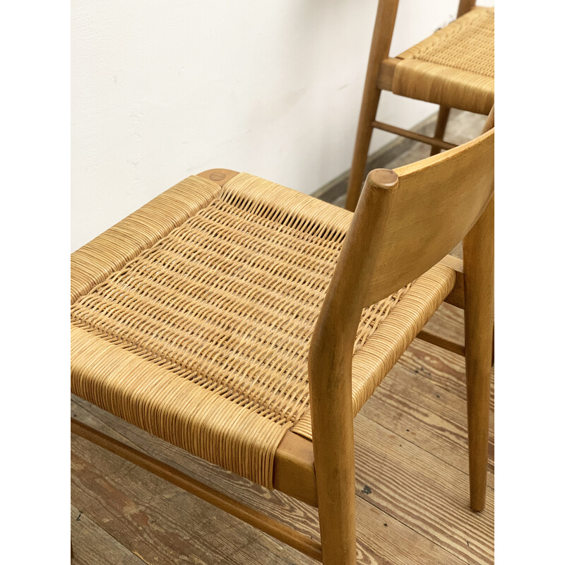 Set van 4 Duitse eetkamerstoelen in teak en rotan van Georg Leowald voor Wilkhahn, 1950.