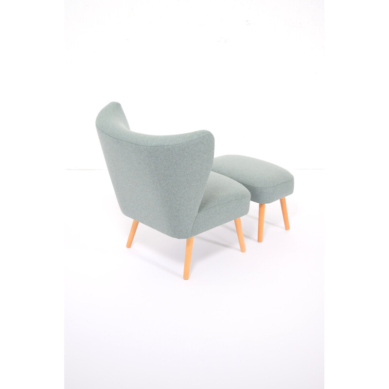 Dusty green reupholstered cocktail chair with footstool - 1950s