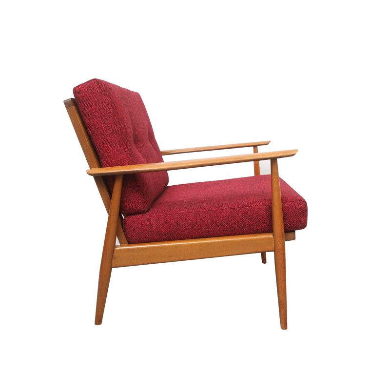 Vintage armchair in wood and red fabric, 1950