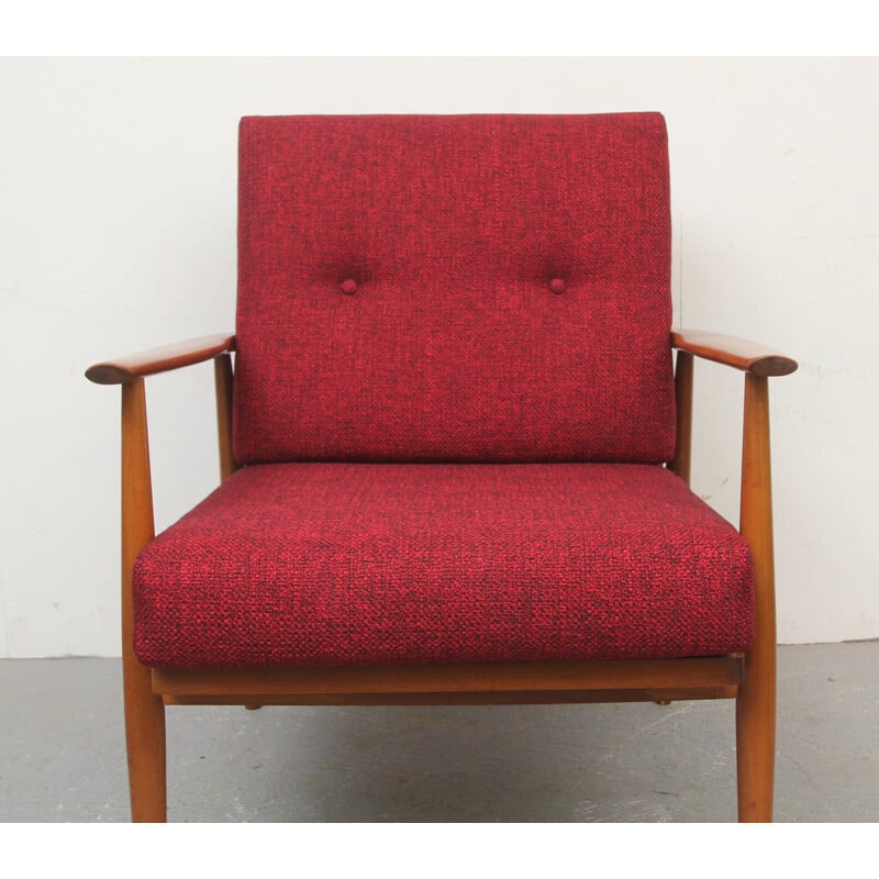 Vintage armchair in wood and red fabric, 1950