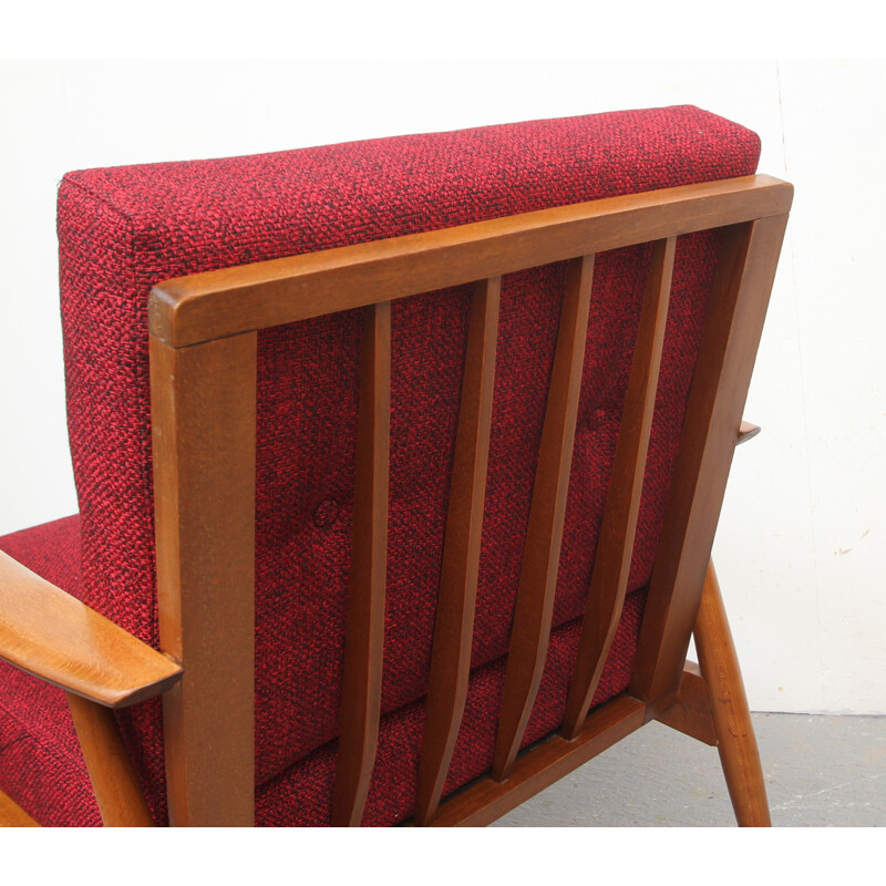 Vintage armchair in wood and red fabric, 1950