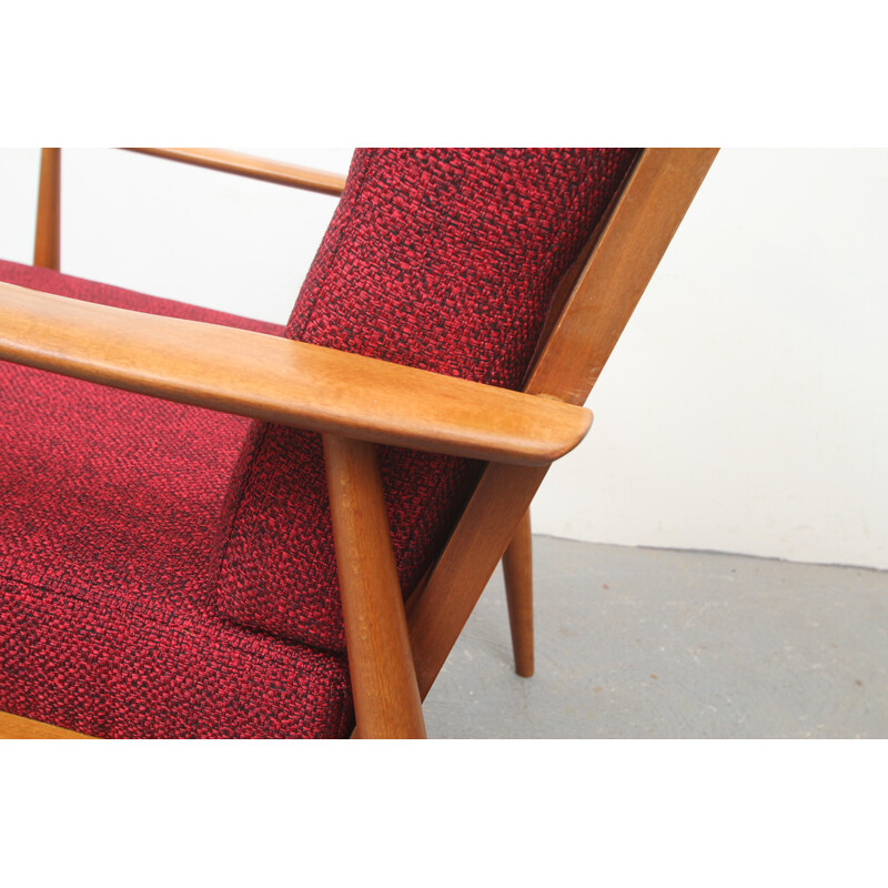 Vintage fauteuil in hout en rode stof, 1950