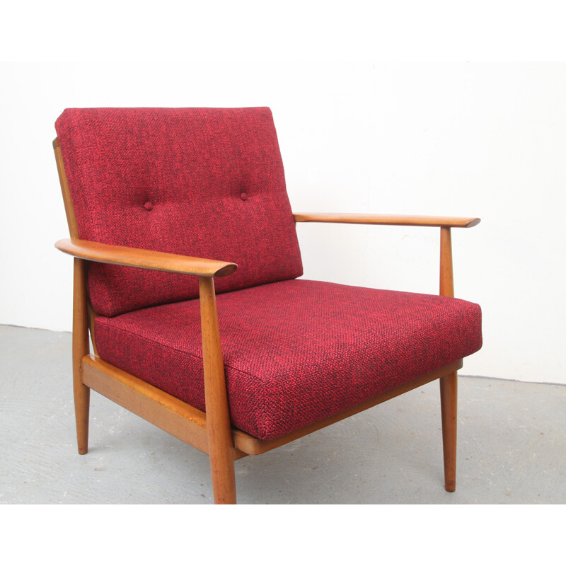 Vintage armchair in wood and red fabric, 1950