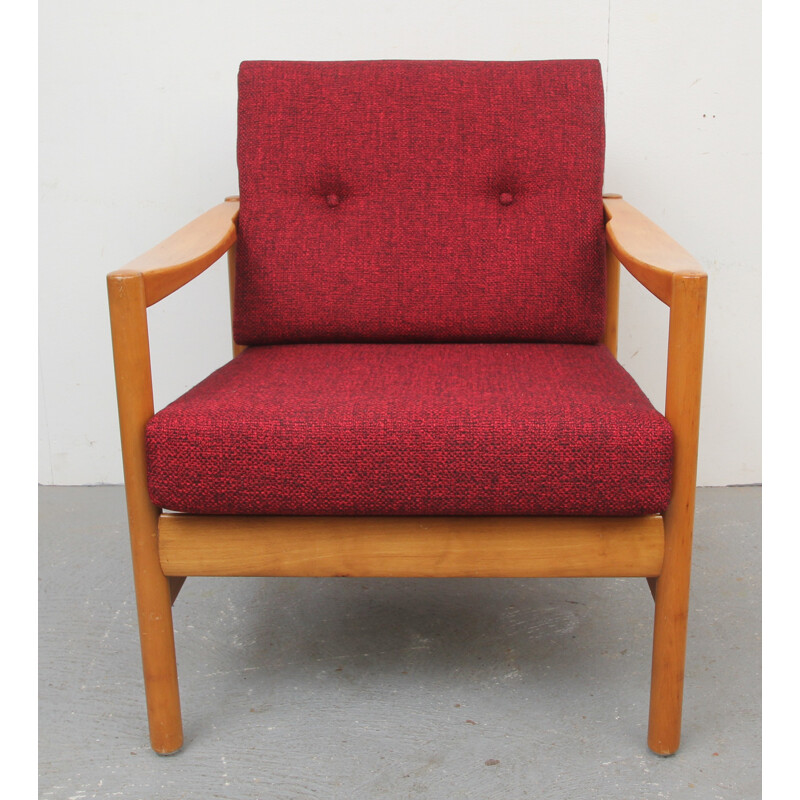 Fauteuil en bois massif et tissu rouge - 1950